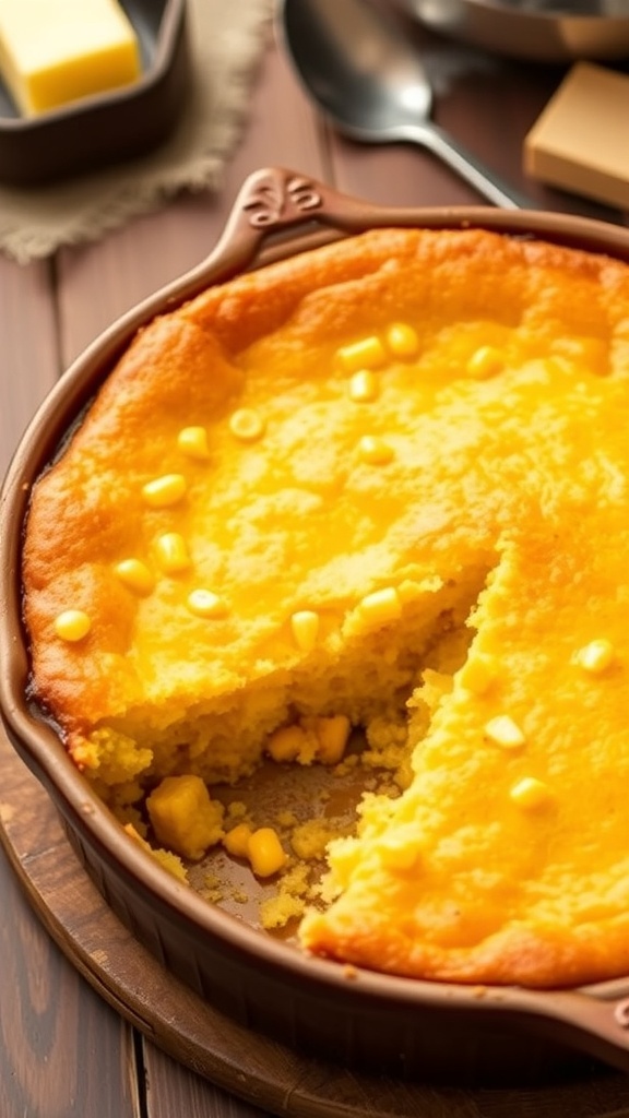 Golden brown Jiffy cornbread pudding in a baking dish, served with butter on a wooden table.